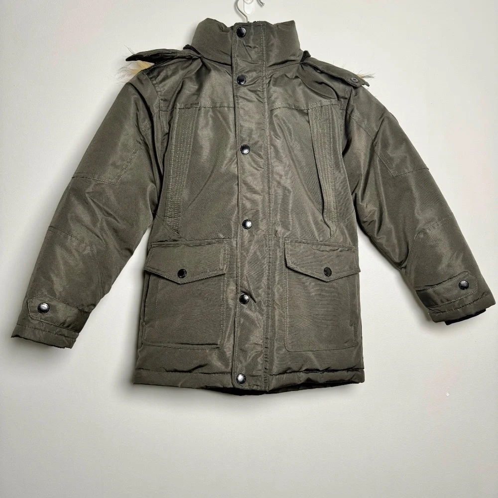 Ben Sherman Youth Faux Fur Trim Hooded Parka Puffer Coat in Olive Green Sz S (8)